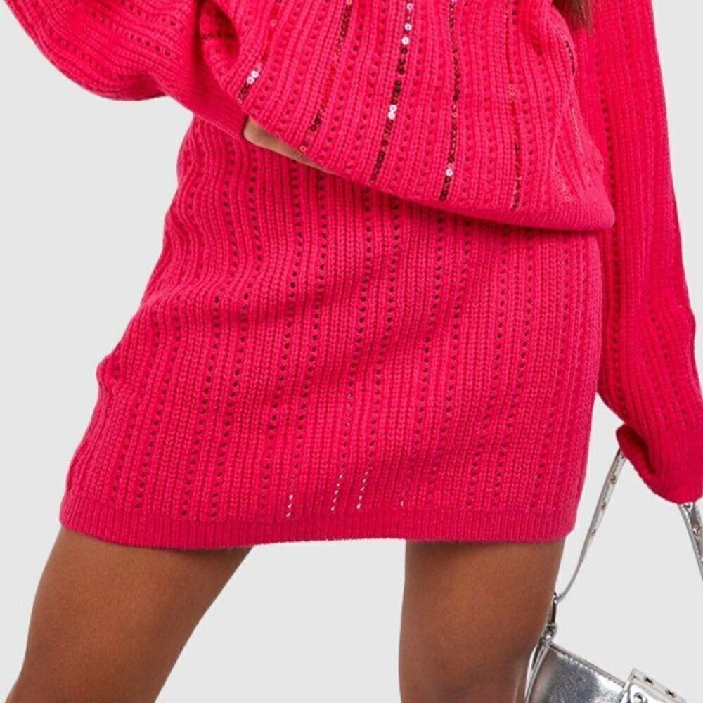 Boohoo by Nasty Gal Knitted Mini Skirt - Size Large - Hot Pink - NWT